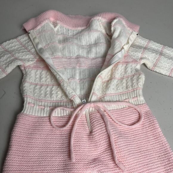 Vintage Pink White Knit Baby Sleeper Footed Zip Front Long Sleeve NO SIZE TAG - Picture 8 of 11